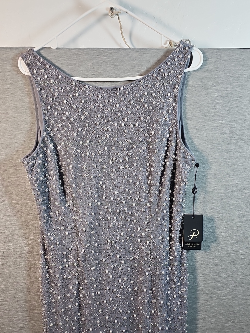 Adrianna Papell Silver Pearl & Bead Embellished Sleeveless Dress